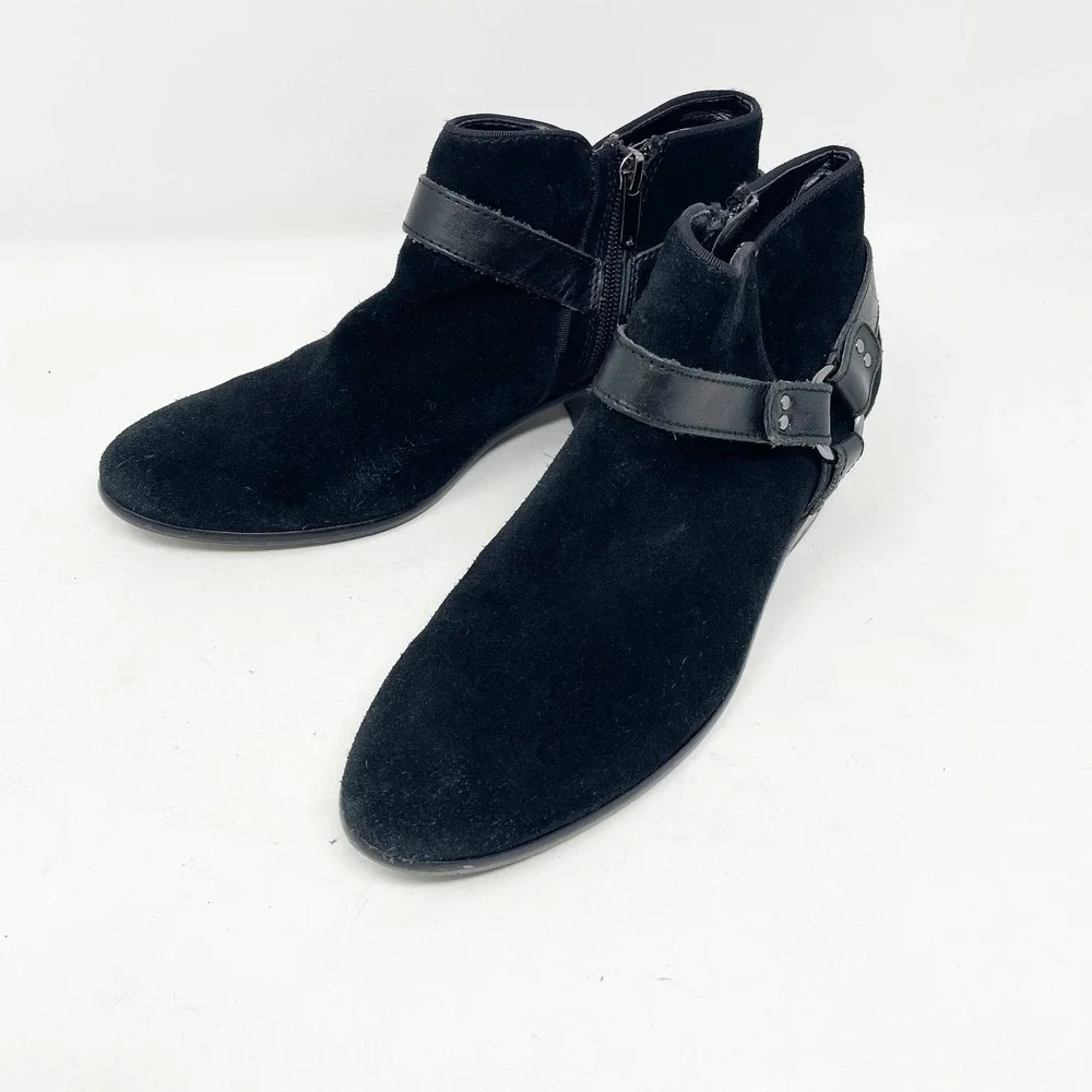 Sam Edelman Black Suede Harness Ankle Boots Size 8 Block Heel Zip Booties